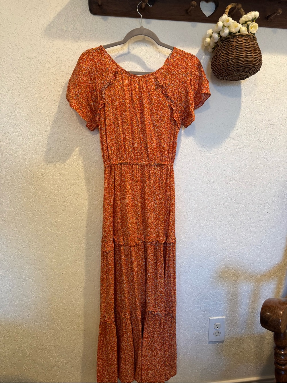 Women’s Orange Floral Tiered Maxi Dress